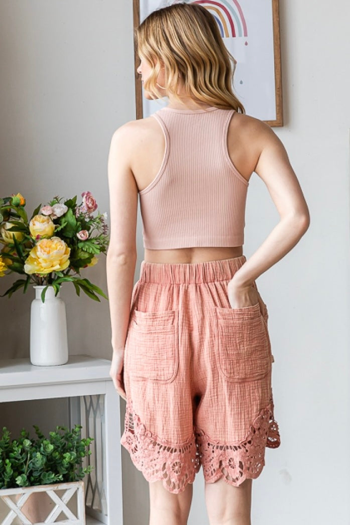Zuma Beach Washed Cotton Lace Trimmed Shorts (2 Colors)