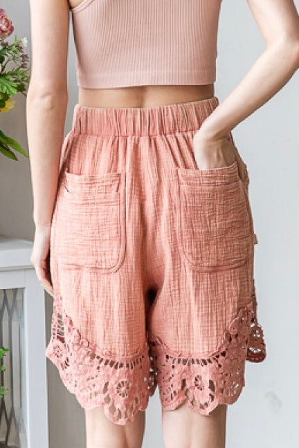 Zuma Beach Washed Cotton Lace Trimmed Shorts (2 Colors)