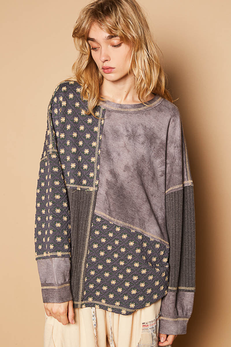 Hyped Up Mixed Fabric Quilted Long Sleeve Top