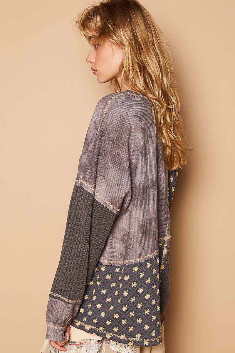 Hyped Up Mixed Fabric Quilted Long Sleeve Top