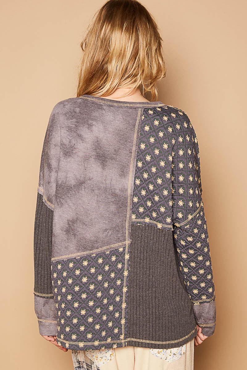 Hyped Up Mixed Fabric Quilted Long Sleeve Top