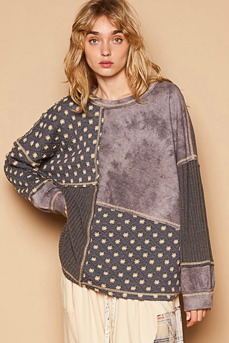 Hyped Up Mixed Fabric Quilted Long Sleeve Top