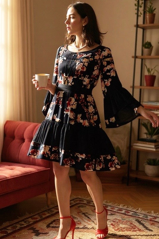 Wildflower Spell Tie Waist Flare Sleeve Ruffle Mini Dress | 2 Colors
