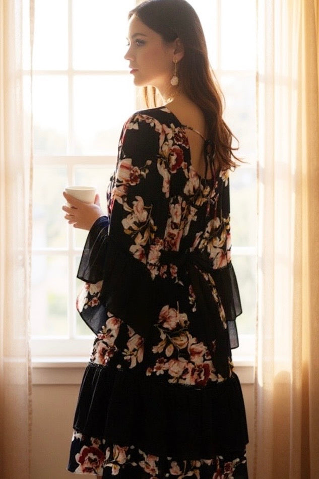 Wildflower Spell Tie Waist Flare Sleeve Ruffle Mini Dress | 2 Colors