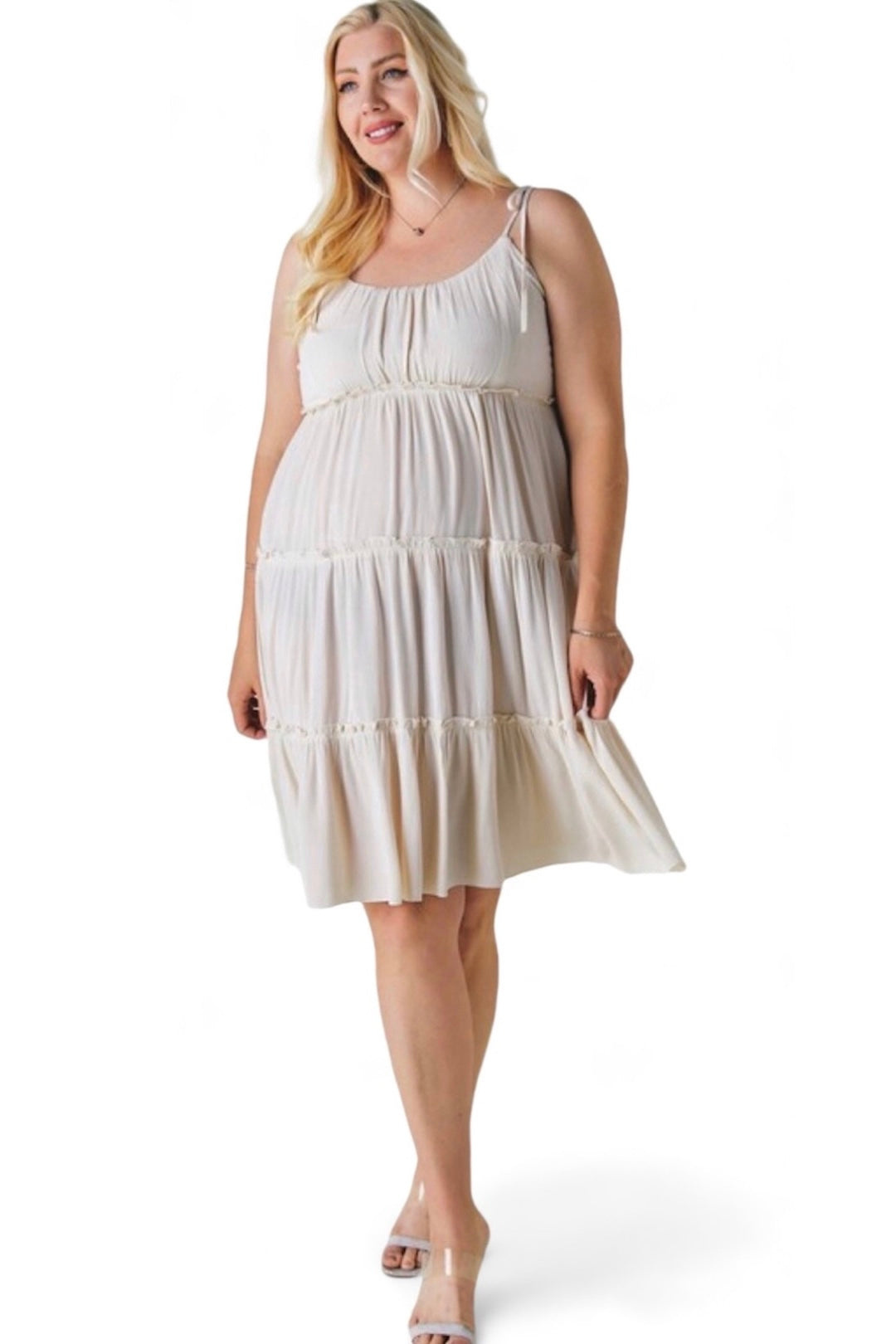 Gobi Sands Spaghetti Strap Ruffled Tiered Midi Dress Curves