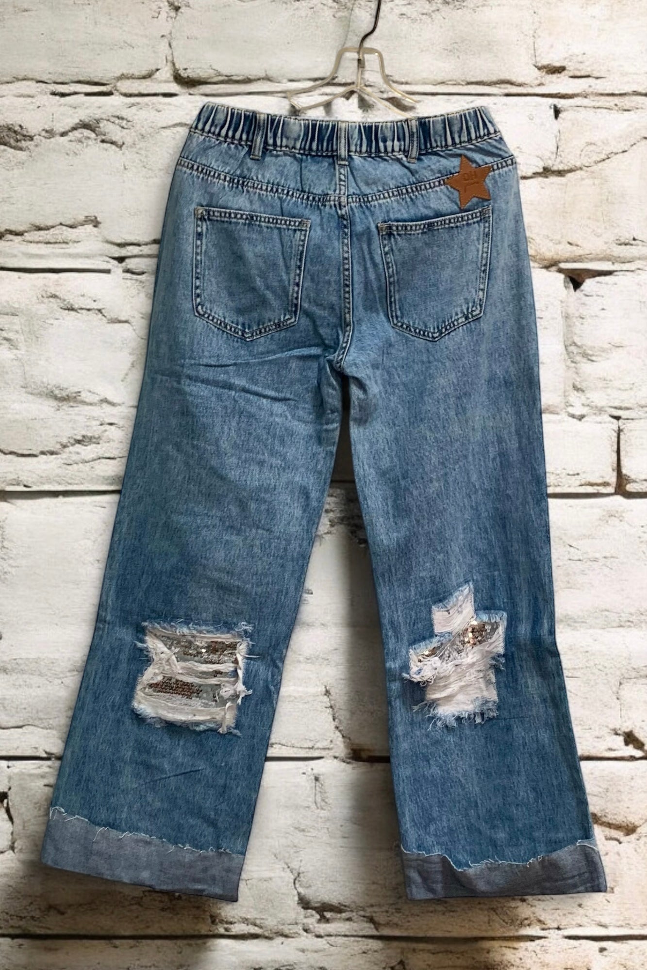 Lit Up Silver Sequin Patched Distressed Baggy Jeans