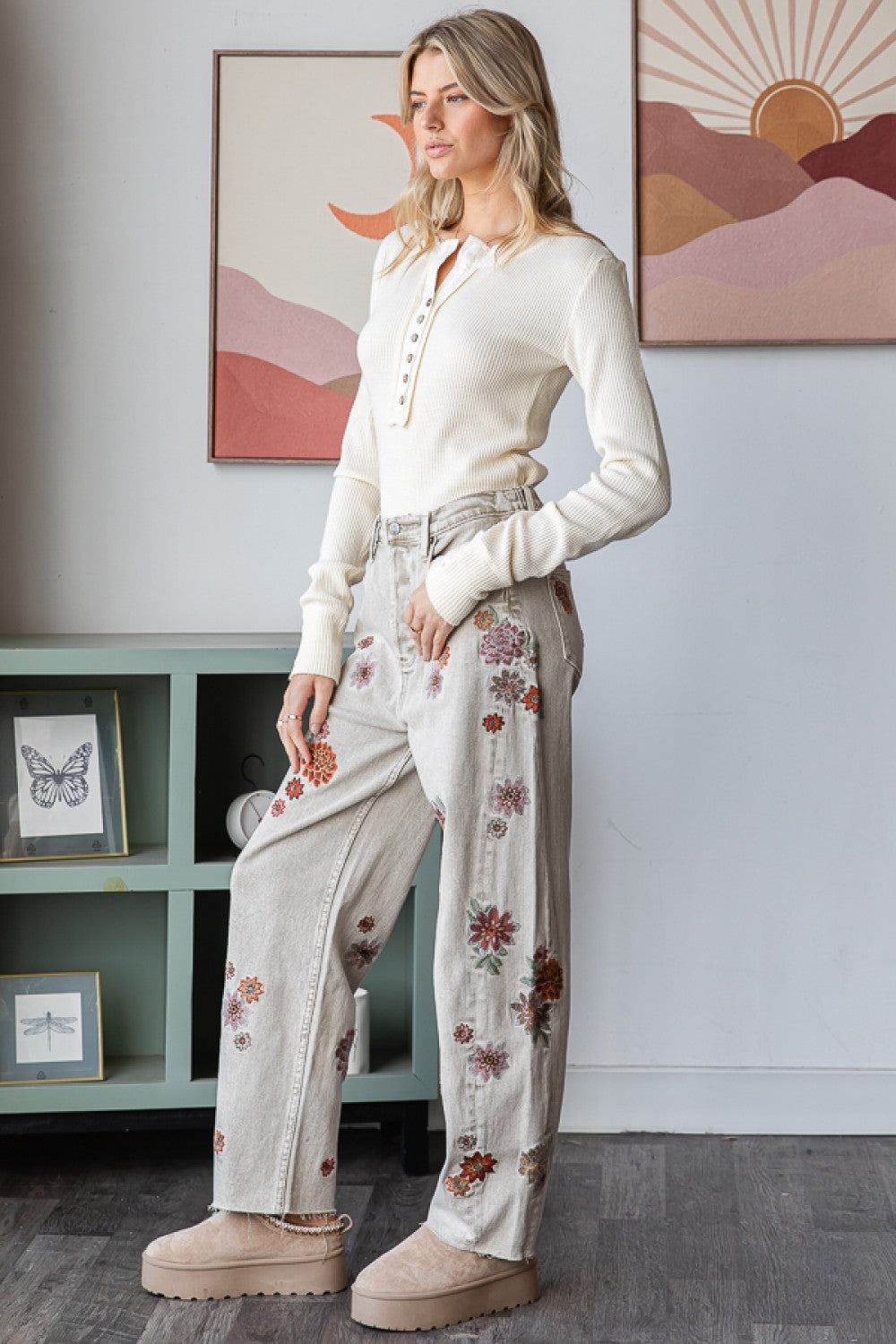 Stop & Stare Floral Embroidered Loose Fit Jeans