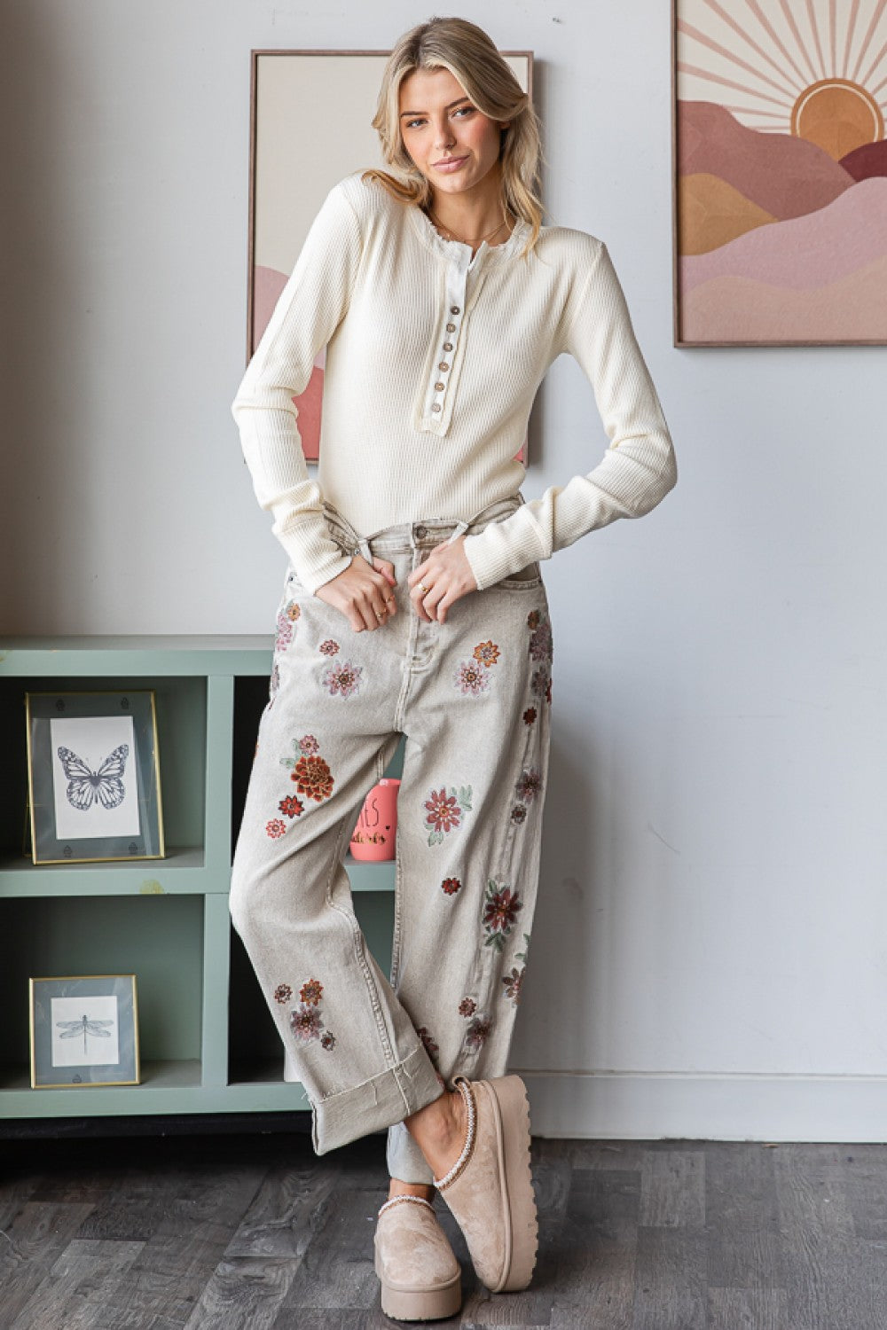 Stop & Stare Floral Embroidered Loose Fit Jeans