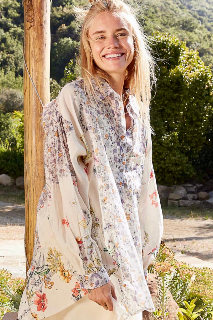 Mila Provence Lavender Cream Retro Floral Print Button Down Shirt