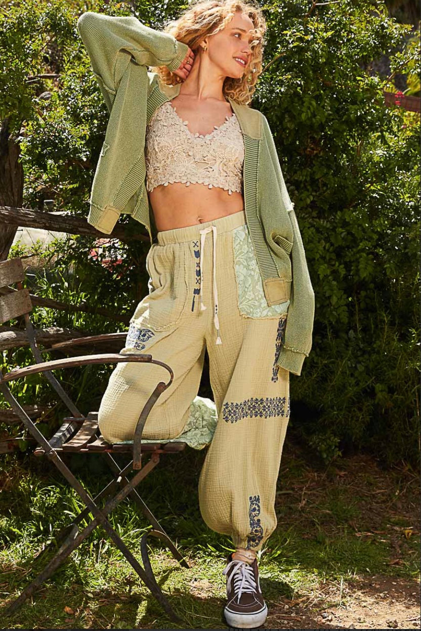 I’m So Fly Gauze + Lace Embroidered Slouchy Jogger Pants