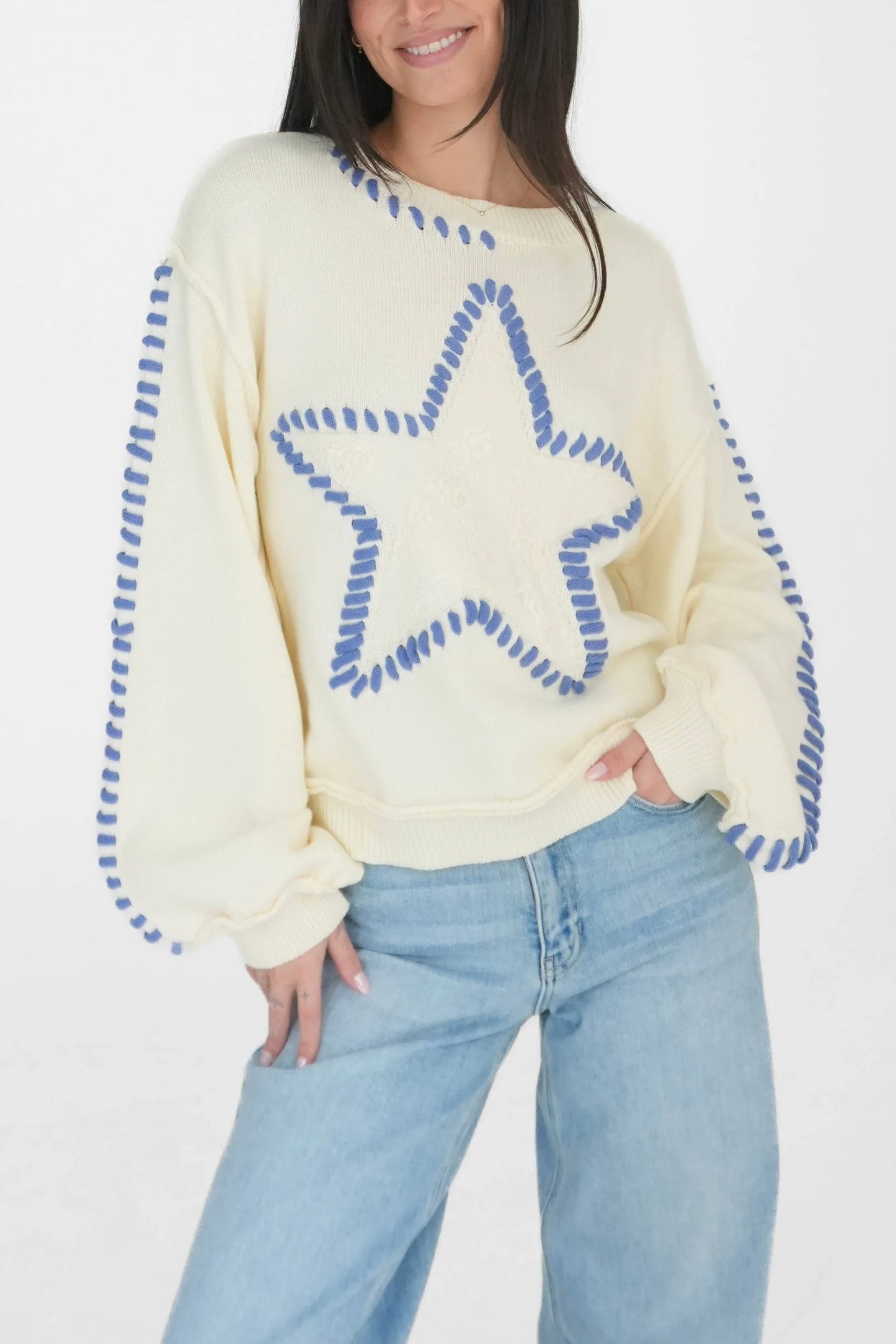 Walk The Talk Contrast Stitched Star Sweater