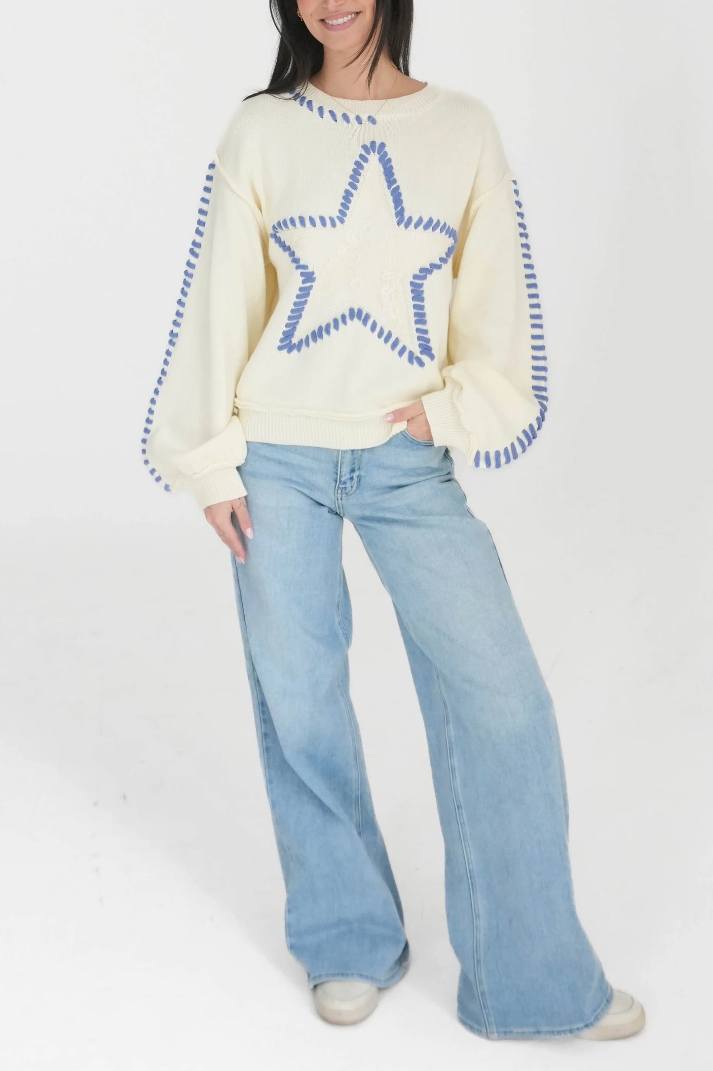 Walk The Talk Contrast Stitched Star Sweater