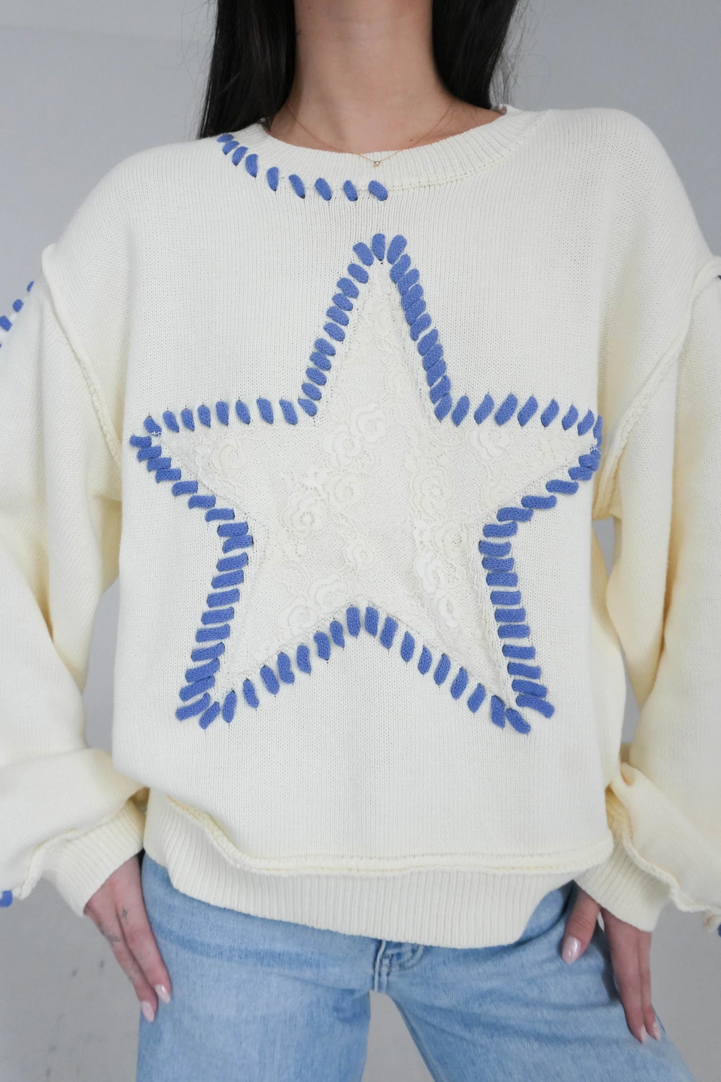 Walk The Talk Contrast Stitched Star Sweater