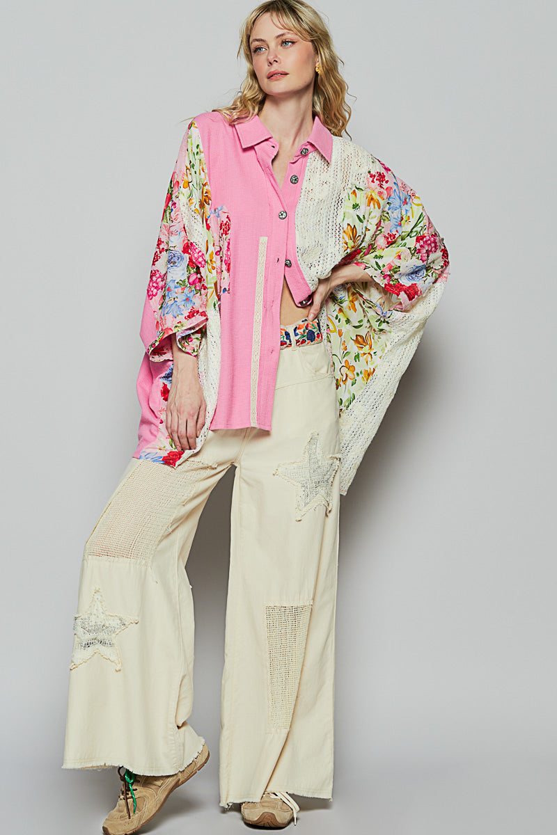 Something Bold Floral Thermal Crochet Lace Mix Button Down