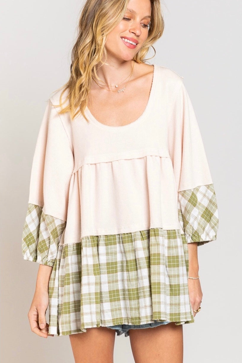 Shades Of Fall 3/4 Sleeve Plaid + Rib Knit Tiered Tunic (2 Colors)
