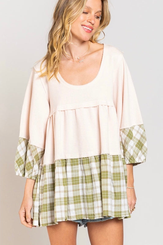 Shades Of Fall 3/4 Sleeve Plaid + Rib Knit Tiered Tunic (2 Colors)