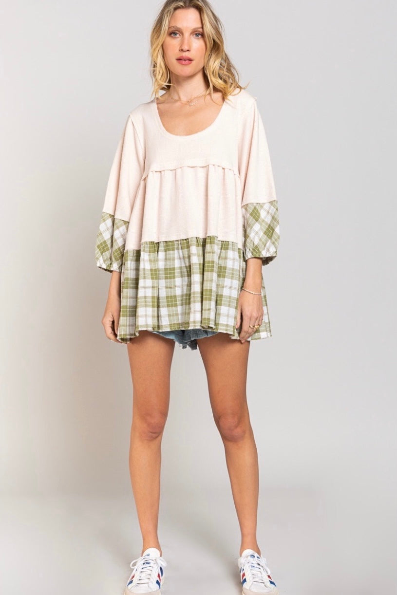 Shades Of Fall 3/4 Sleeve Plaid + Rib Knit Tiered Tunic (2 Colors)