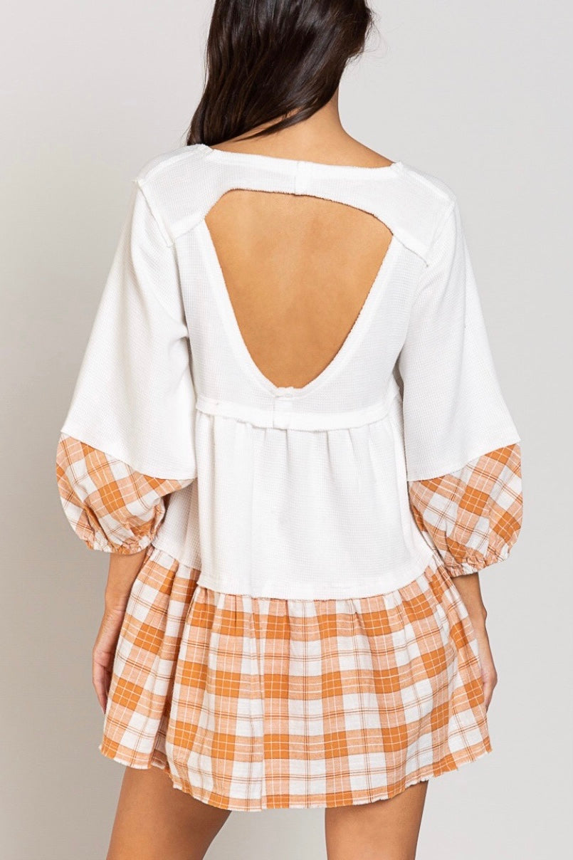 Shades Of Fall 3/4 Sleeve Plaid + Rib Knit Tiered Tunic (2 Colors)