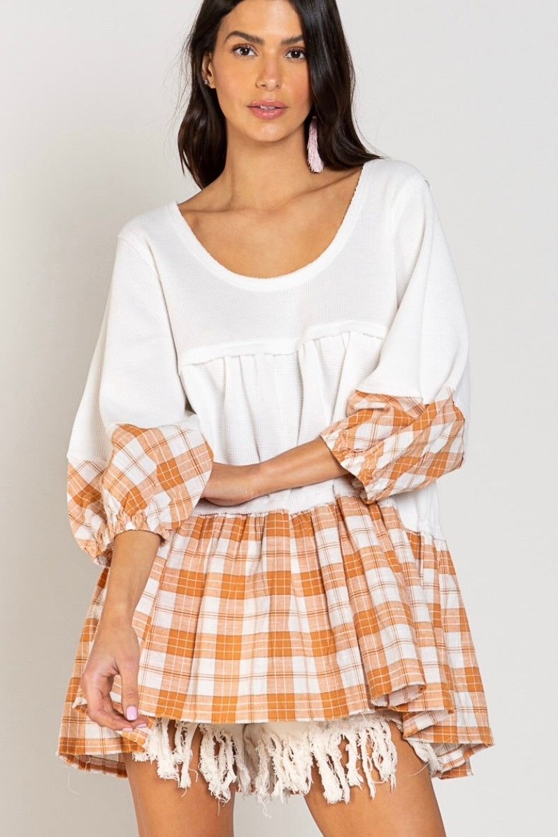 Shades Of Fall 3/4 Sleeve Plaid + Rib Knit Tiered Tunic (2 Colors)