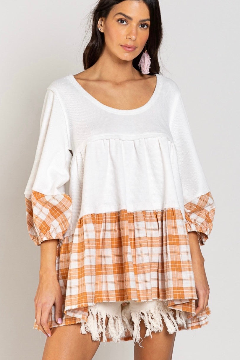 Shades Of Fall 3/4 Sleeve Plaid + Rib Knit Tiered Tunic (2 Colors)