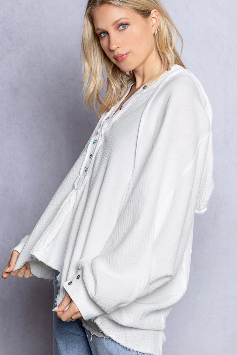 Those Girls Half Button Embroidered Gauze Hoodie Top