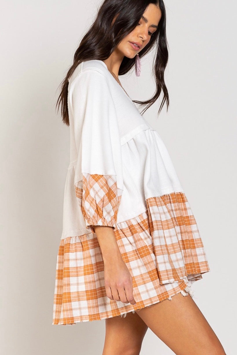 Shades Of Fall 3/4 Sleeve Plaid + Rib Knit Tiered Tunic (2 Colors)