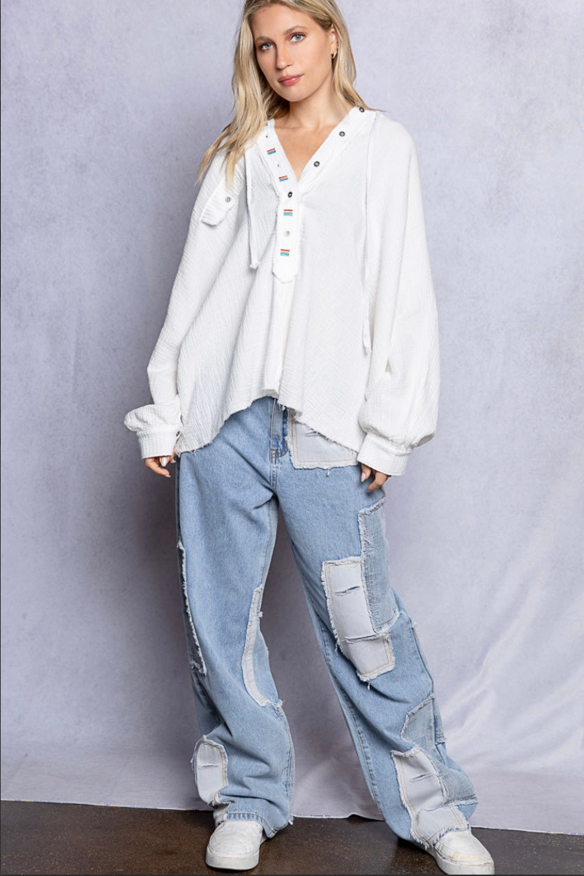 Those Girls Half Button Embroidered Gauze Hoodie Top