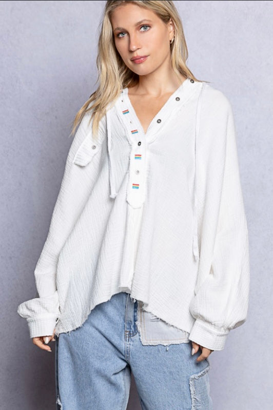 Those Girls Half Button Embroidered Gauze Hoodie Top