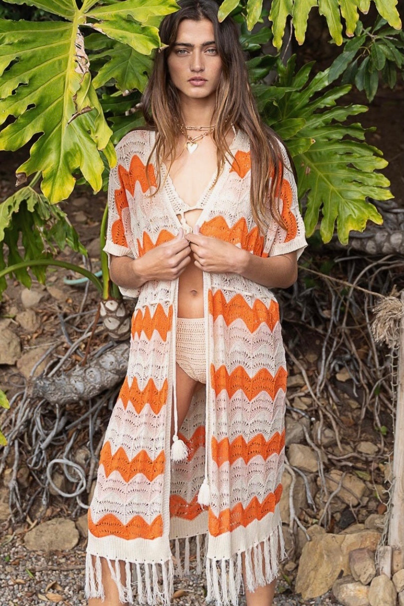 The Tropics Zig Zag Striped Crochet Beach Cardi with Fringe