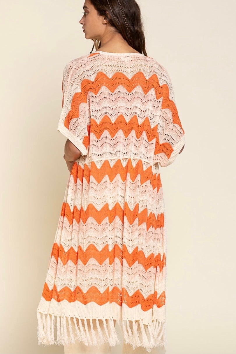 The Tropics Zig Zag Striped Crochet Beach Cardi with Fringe