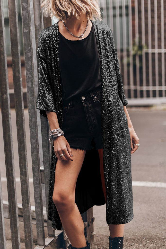 Black Diamonds Open Front Long Sequin Duster