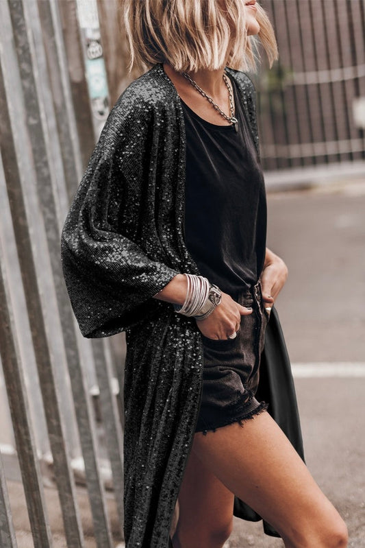 Black Diamonds Open Front Long Sequin Duster