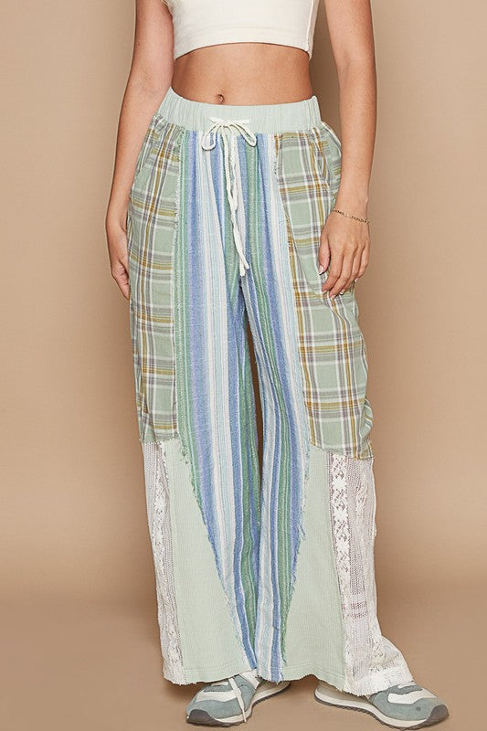 August Moon Striped Plaid Lace Detail Cotton Pants (3 Colors)