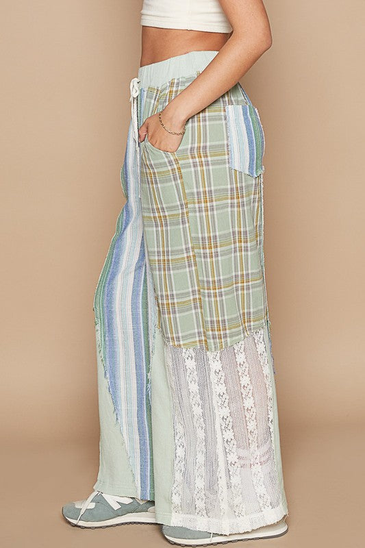 August Moon Striped Plaid Lace Detail Cotton Pants (3 Colors)