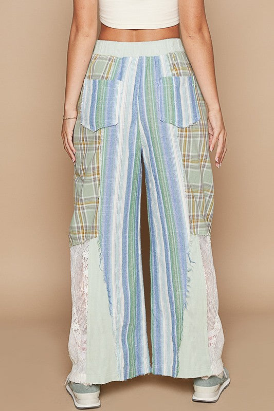 August Moon Striped Plaid Lace Detail Cotton Pants (3 Colors)