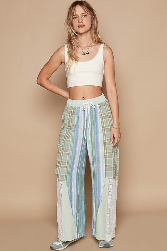 August Moon Striped Plaid Lace Detail Cotton Pants (3 Colors)