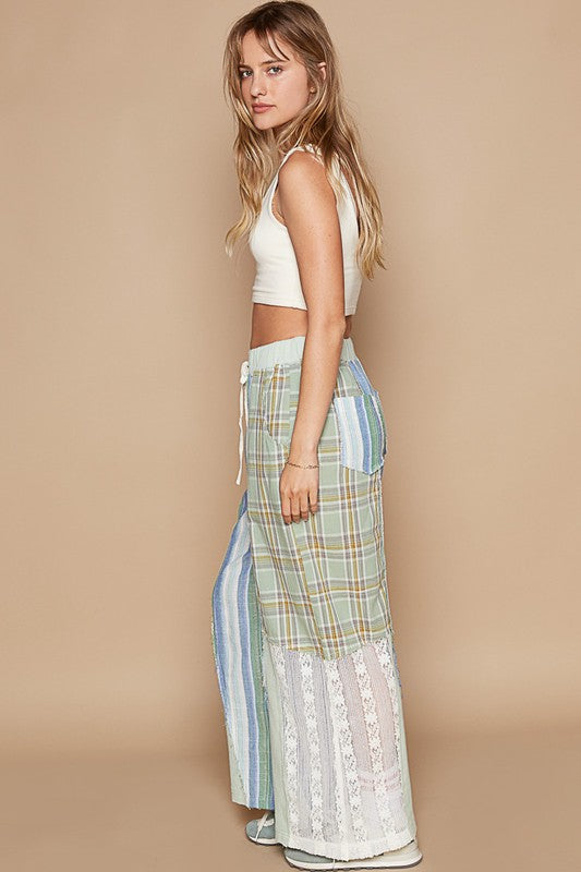August Moon Striped Plaid Lace Detail Cotton Pants (3 Colors)