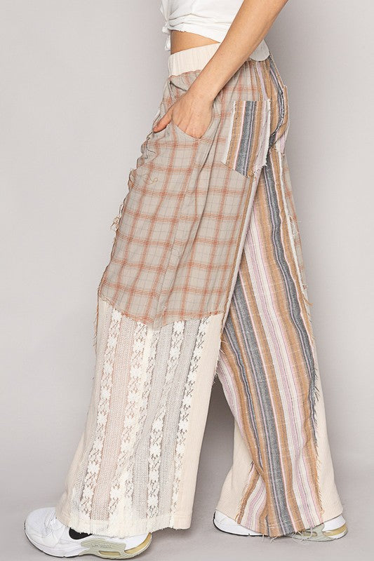 August Moon Striped Plaid Lace Detail Cotton Pants (3 Colors)