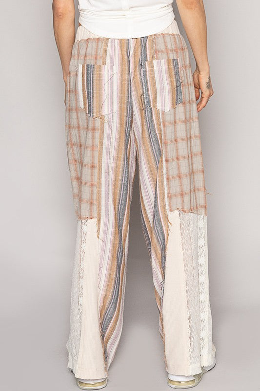 August Moon Striped Plaid Lace Detail Cotton Pants (3 Colors)
