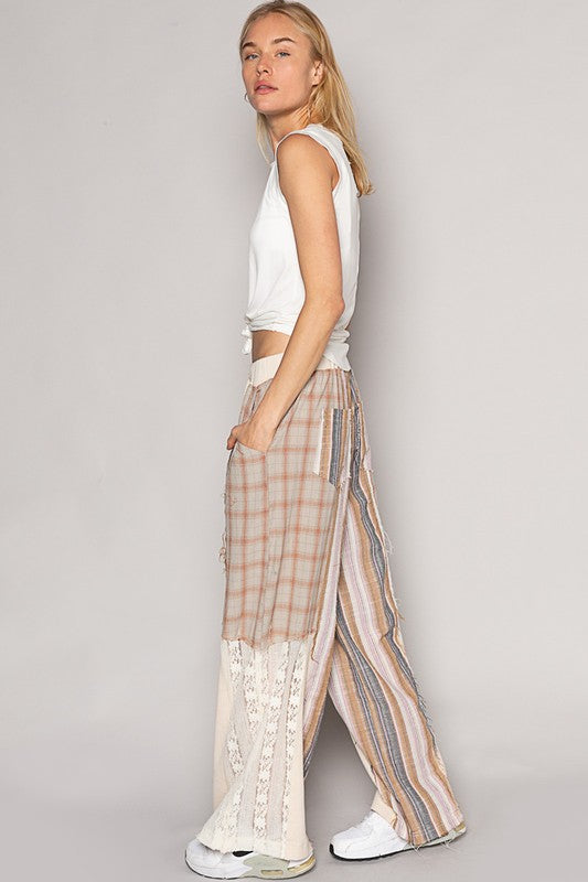 August Moon Striped Plaid Lace Detail Cotton Pants (3 Colors)
