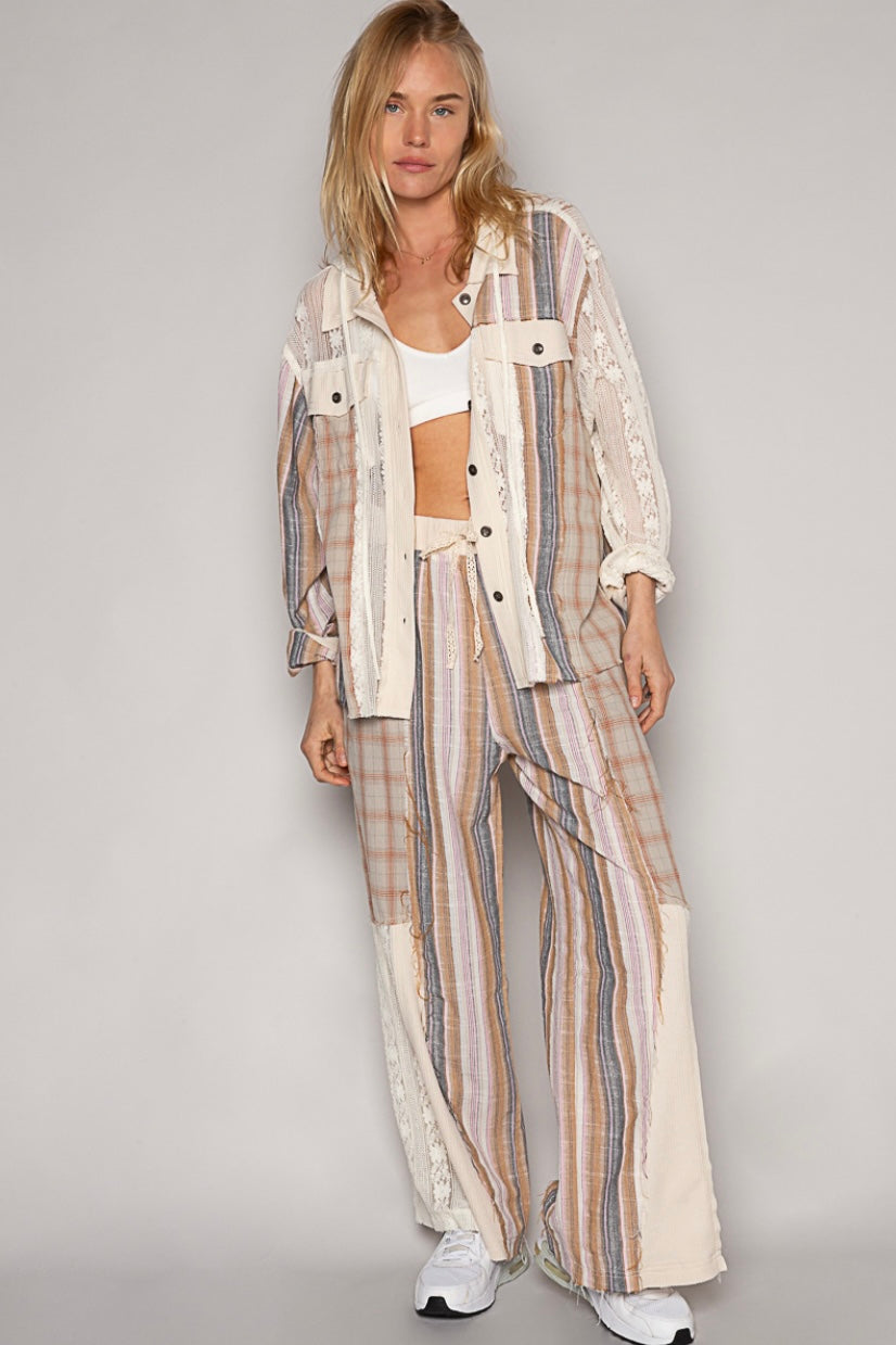 August Moon Striped Plaid Lace Detail Cotton Pants (3 Colors)