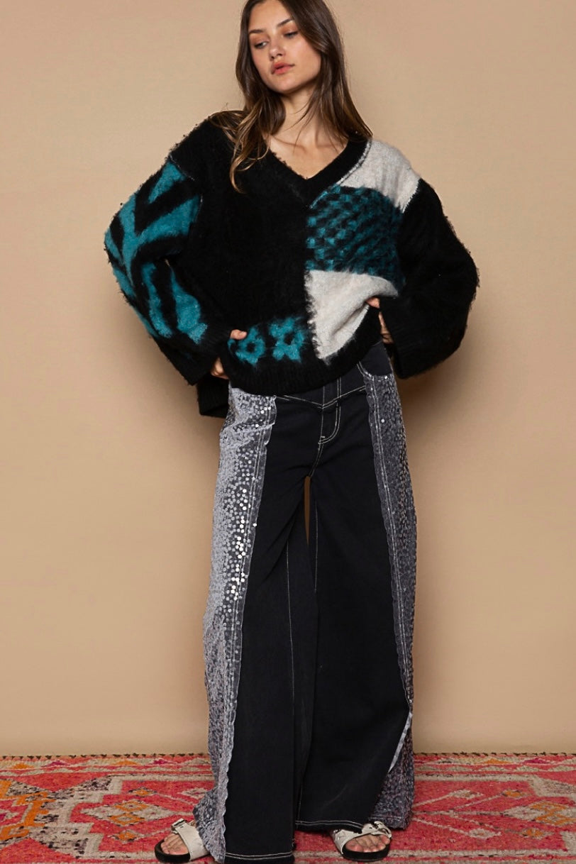 City Lights Floral Sequin Wide Leg Jeans