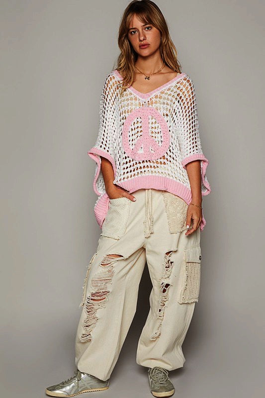 Peace Out Babe Loose Fit Peace Sign Crochet Summer Sweater Top (3 Colors)