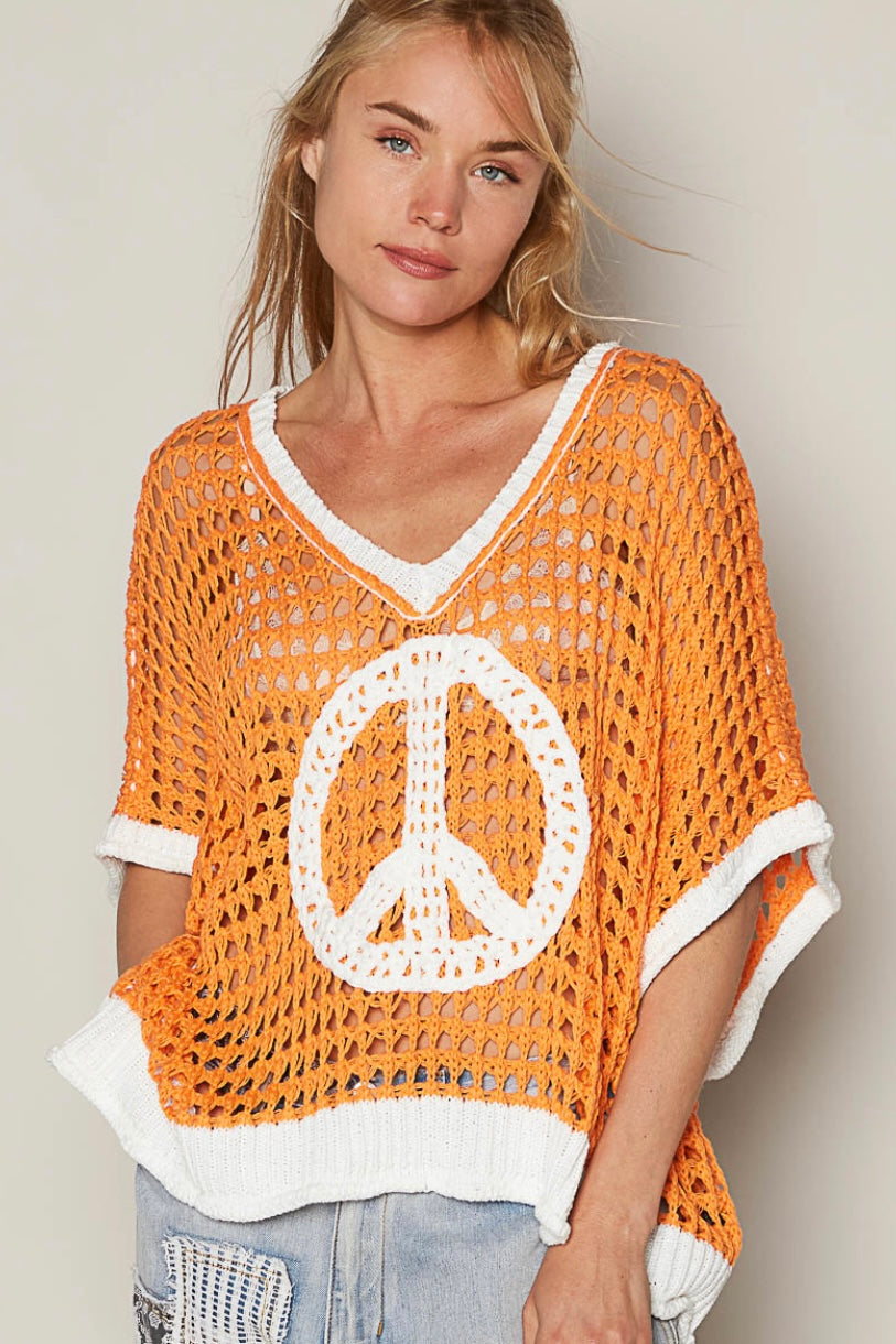 Peace Out Babe Loose Fit Peace Sign Crochet Summer Sweater Top (3 Colors)