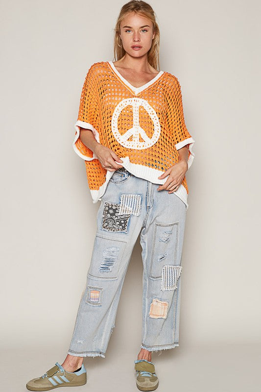 Peace Out Babe Loose Fit Peace Sign Crochet Summer Sweater Top (3 Colors)