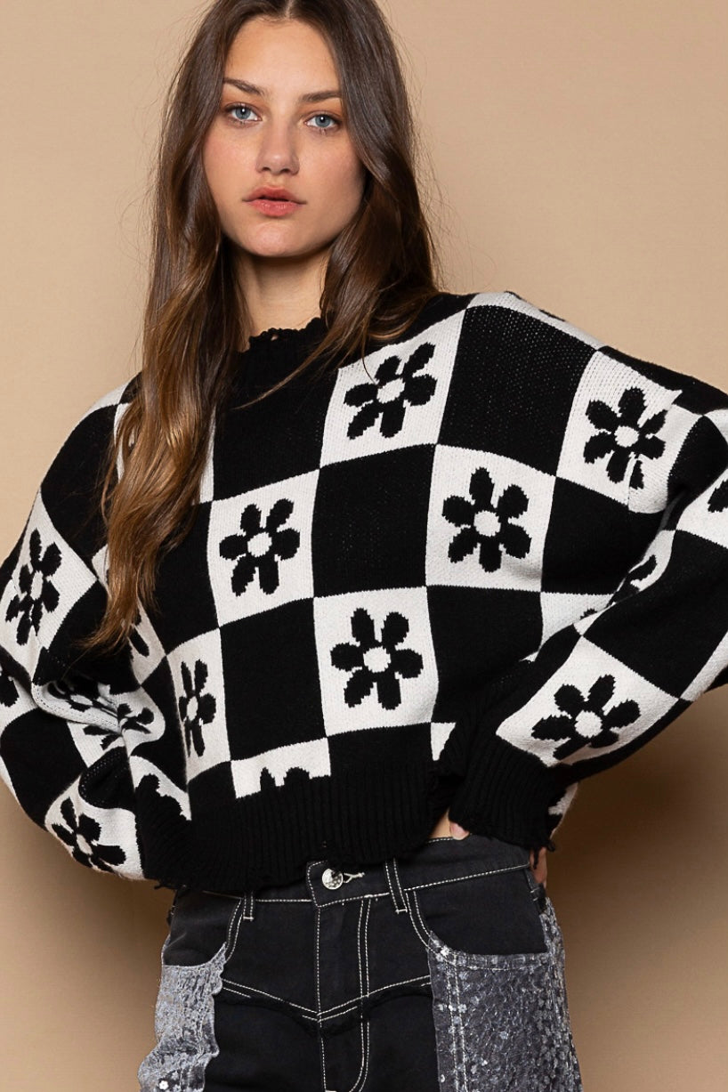 Box of Daisies Checkered Flower Cropped Sweater