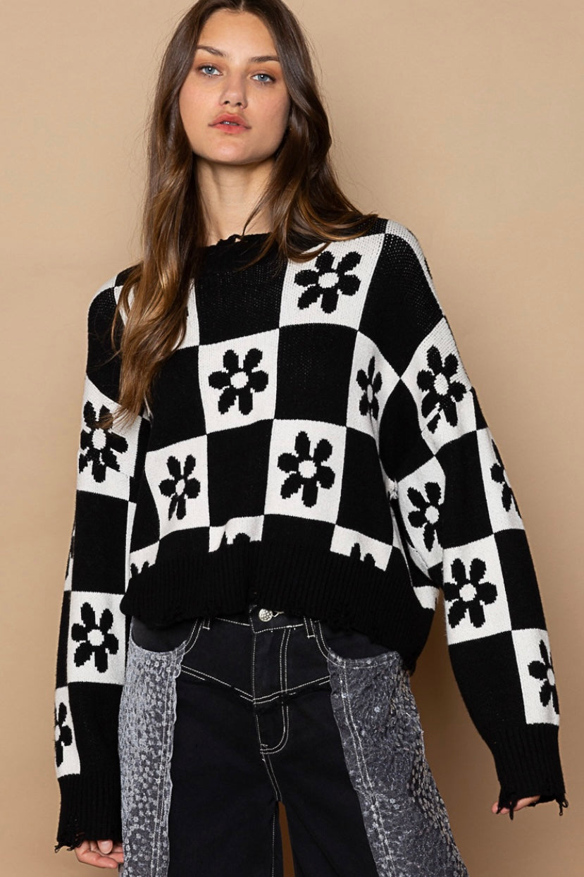 Box of Daisies Checkerboard Pattern Flower Cropped Sweater