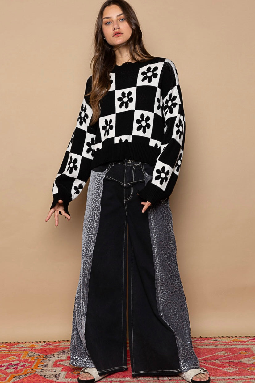 Box of Daisies Checkered Flower Cropped Sweater