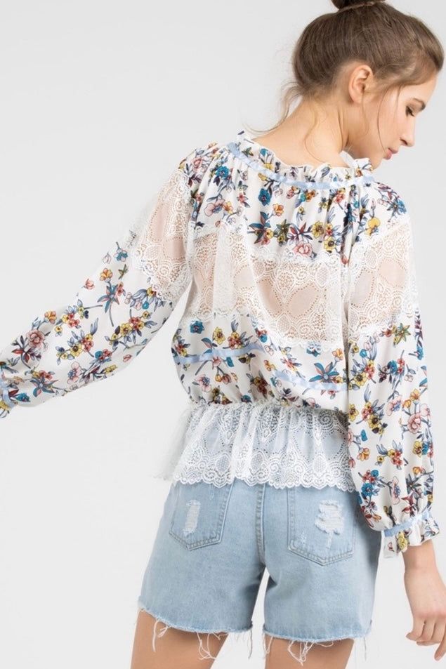 May Flowers Floral + Lace Peplum Top