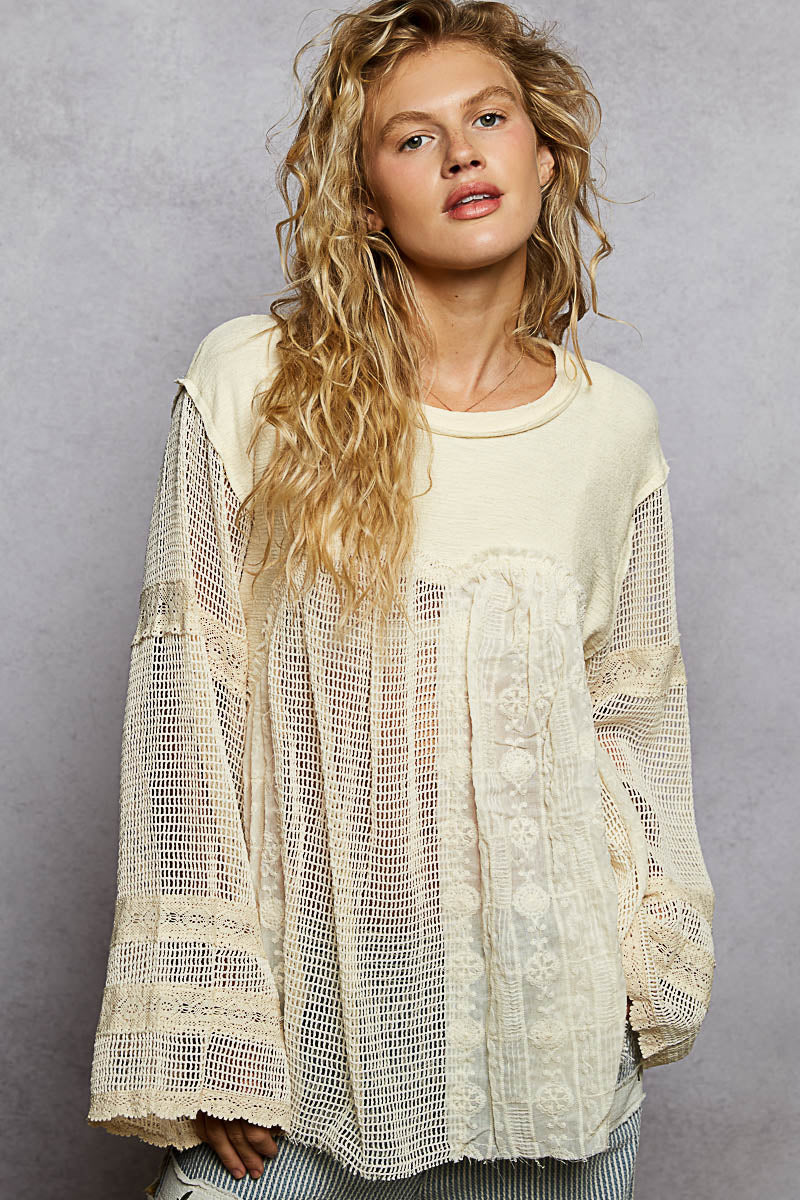 POL lace mesh blouse with balloon sleeves and back lace detail, feminine romantic coquette style top